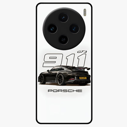Turbo Legacy Icon Glass Case showing flat back view with iconic sports car inspired artwork and glossy glass finish.