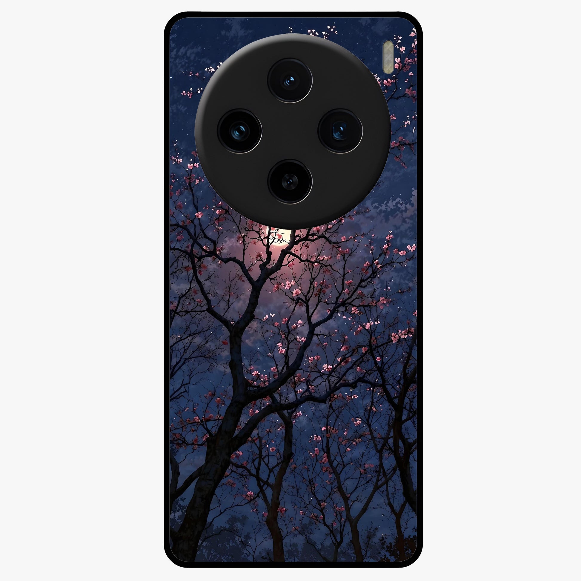 Twilight Sakura Serenade Glass Case showing flat back view with cherry blossom artwork at twilight and glossy glass finish.