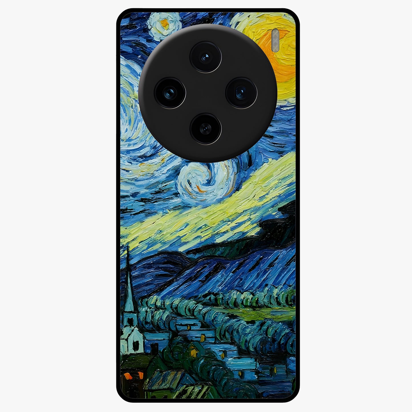 Van Gogh Art Glass Case showing flat back view with classic painterly artwork inspired by Van Gogh style and glossy glass finish.