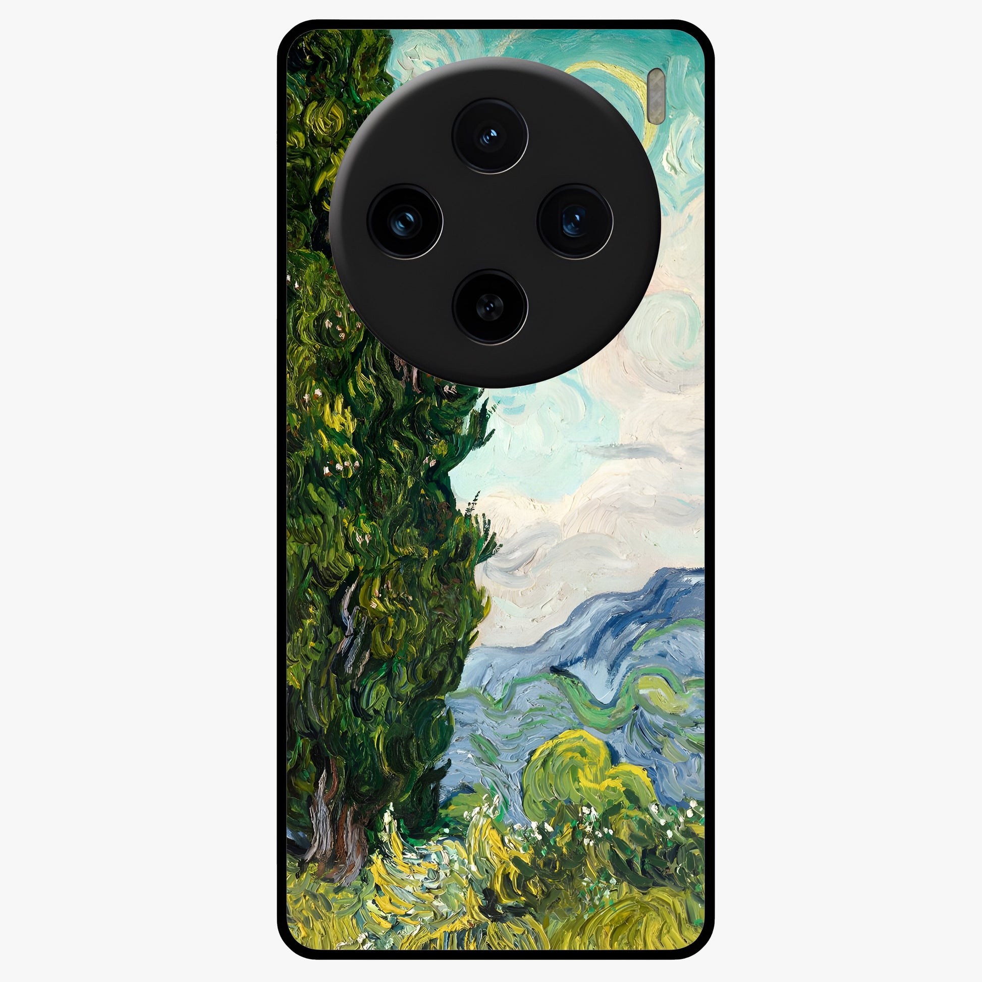 Van Gogh Vintage Art Glass Case showing flat back view with vintage painterly artwork inspired by Van Gogh style and glossy glass finish.