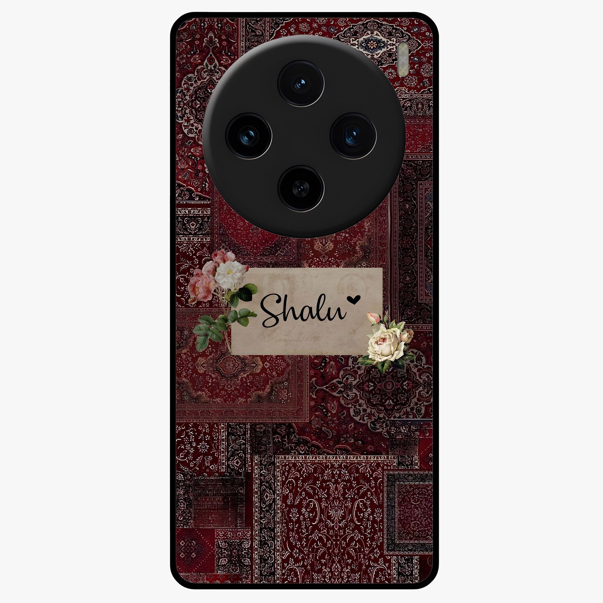 Velvet Wine Pattern Custom Name Glass Case showing flat back view with elegant wine colored pattern artwork and personalized name design.