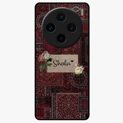 Velvet Wine Pattern Custom Name Glass Case showing flat back view with elegant wine colored pattern artwork and personalized name design.