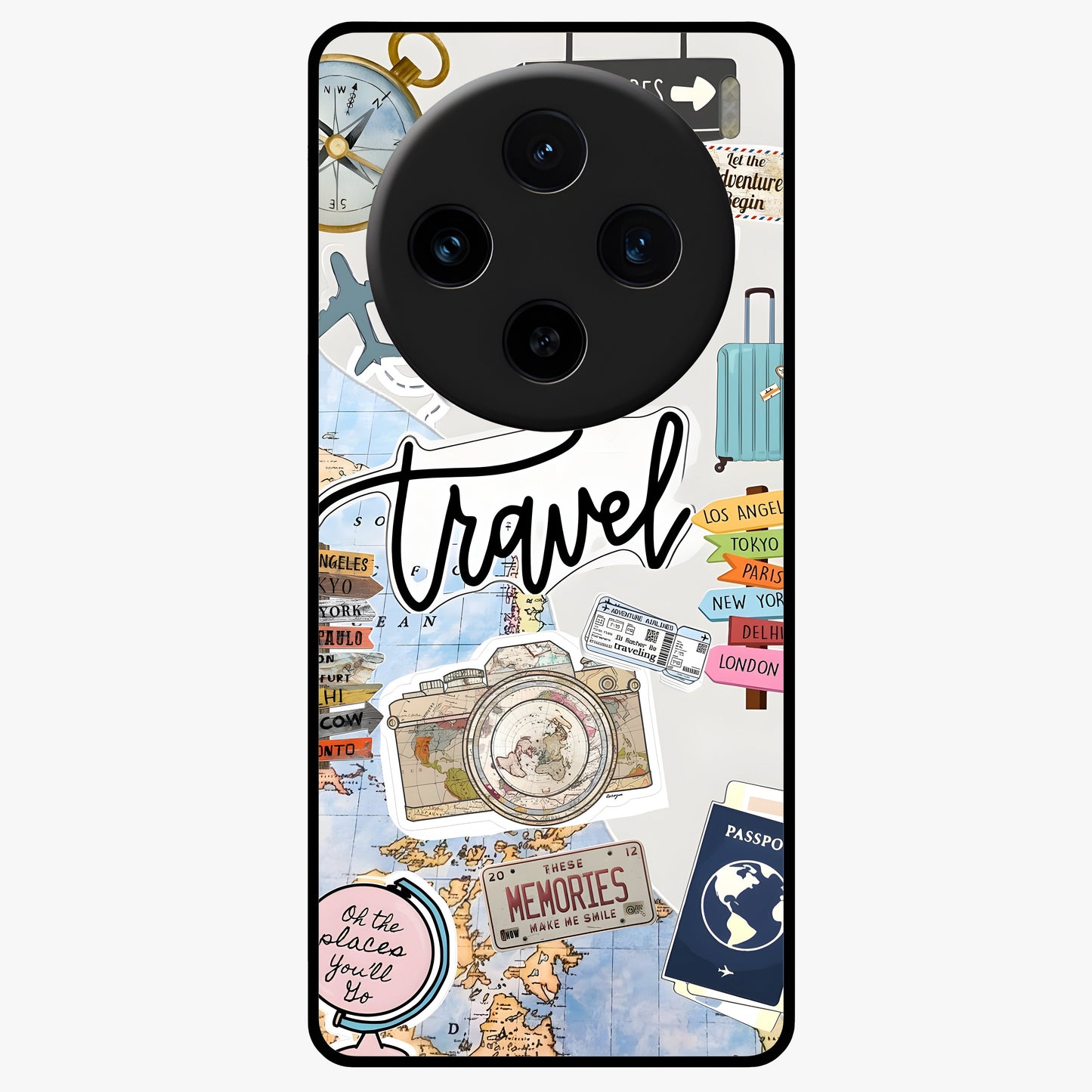 Wanderlust Journal Glass Case showing flat back view with travel inspired artwork and glossy glass finish.