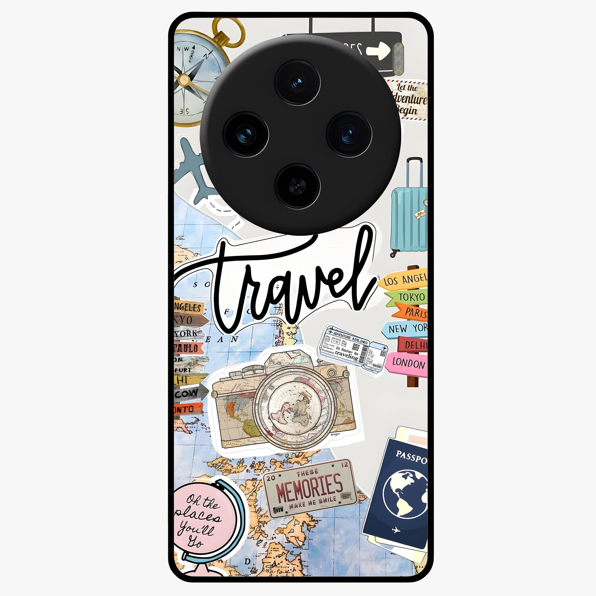 Wanderlust Journal Glass Case showing flat back view with travel inspired artwork and glossy glass finish.