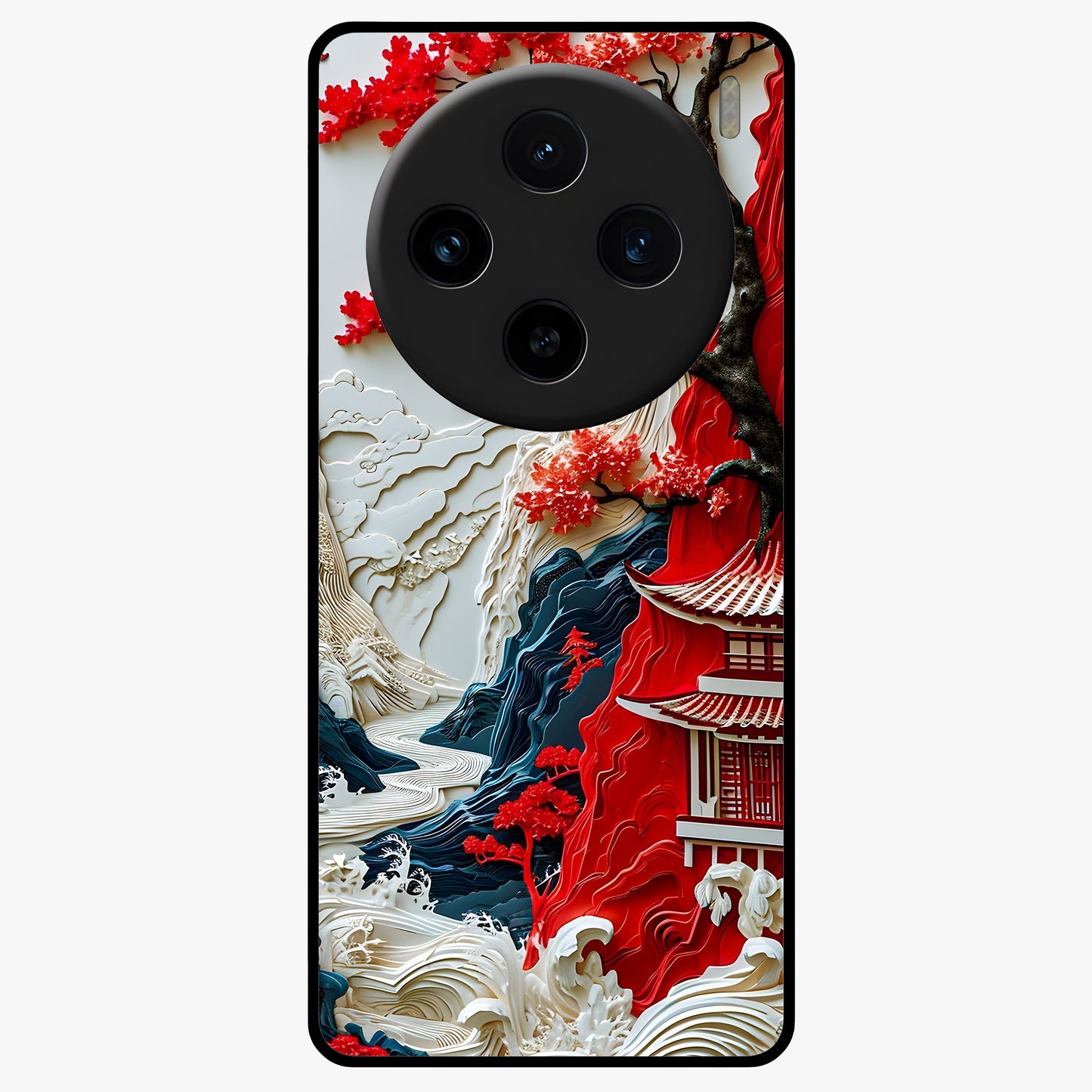 Whispers Of Sakura Waves Glass Case showing flat back view with cherry blossom wave artwork and glossy glass finish.