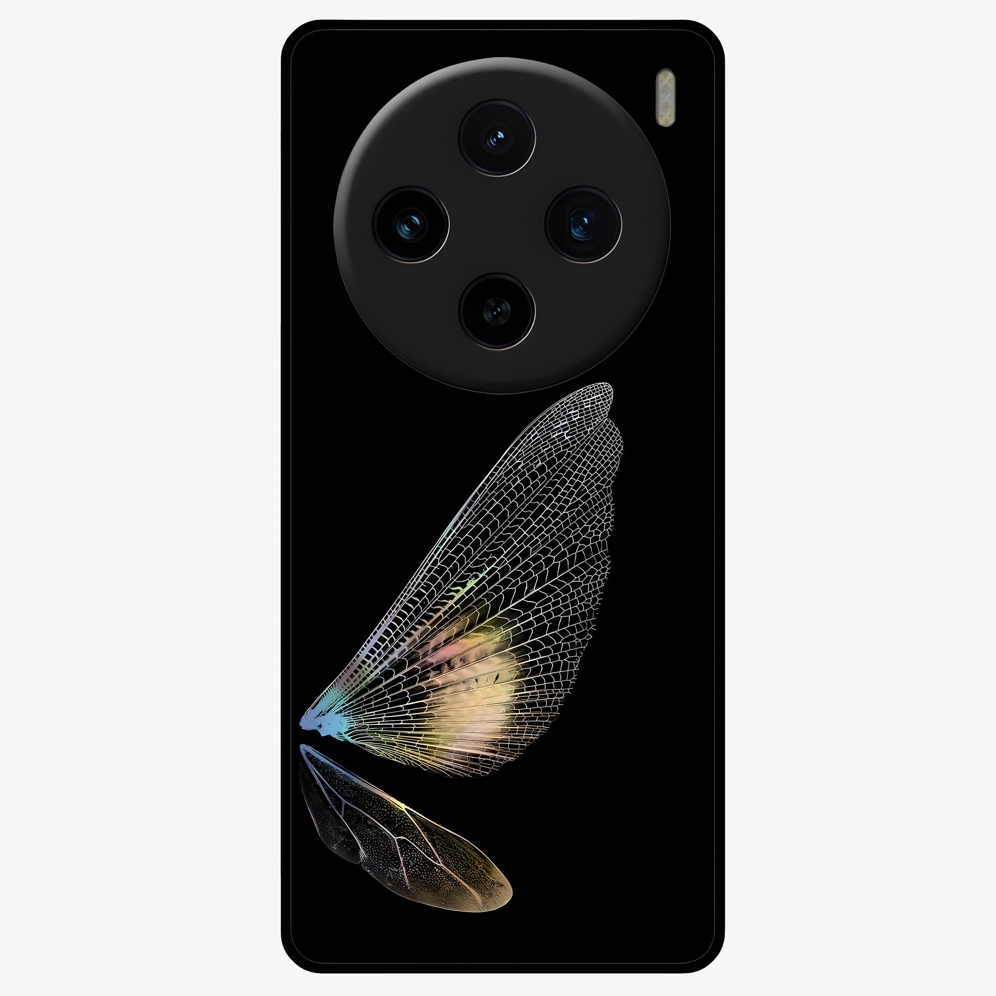 Whispers Of Wings Glass Case showing flat back view with graceful wing inspired artwork and glossy glass finish.