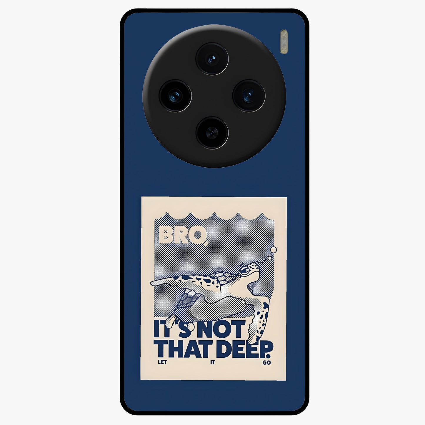 Worry Less Swim Glass Case showing flat back view with playful motivational artwork and glossy glass finish.