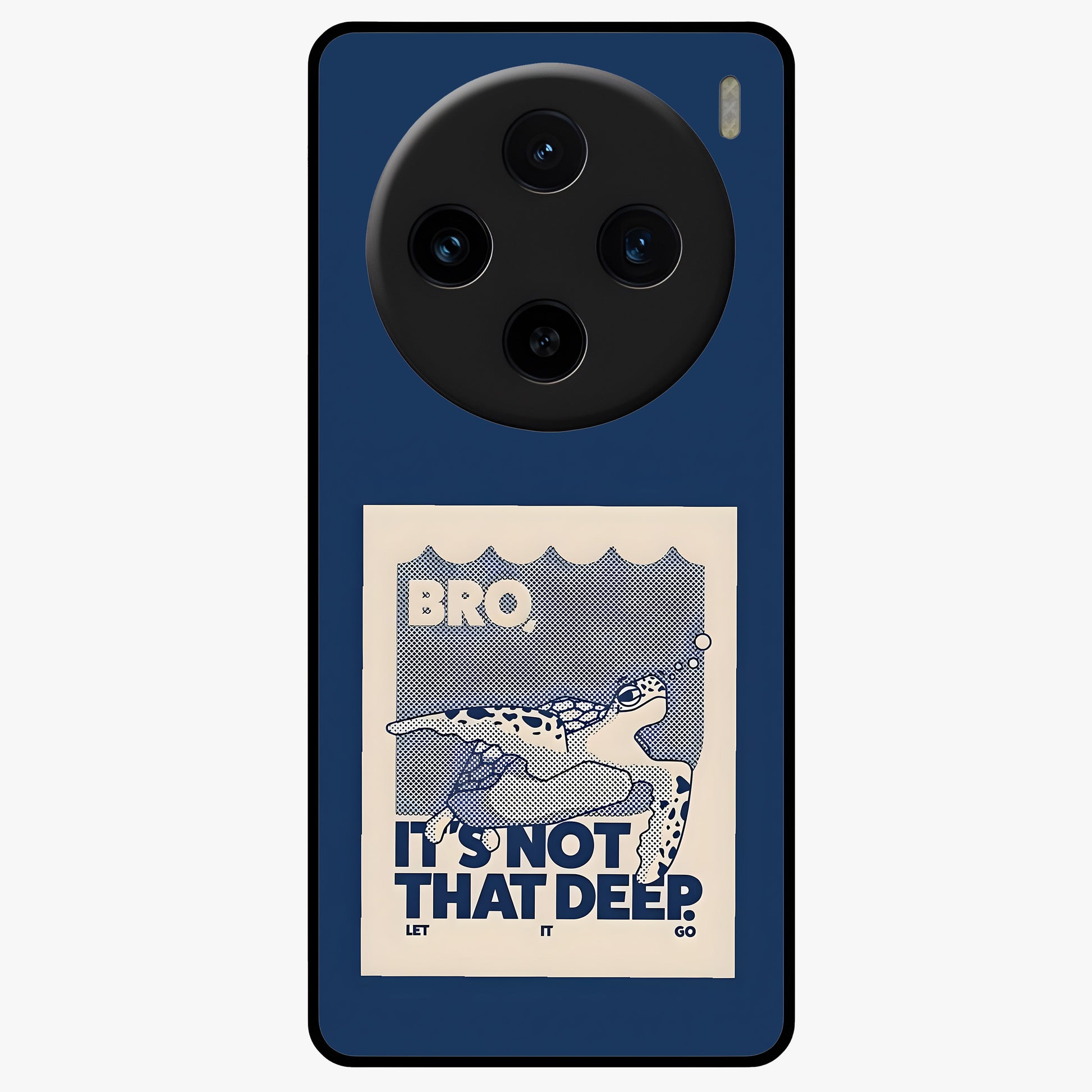 Worry Less Swim Glass Case showing flat back view with playful motivational artwork and glossy glass finish.