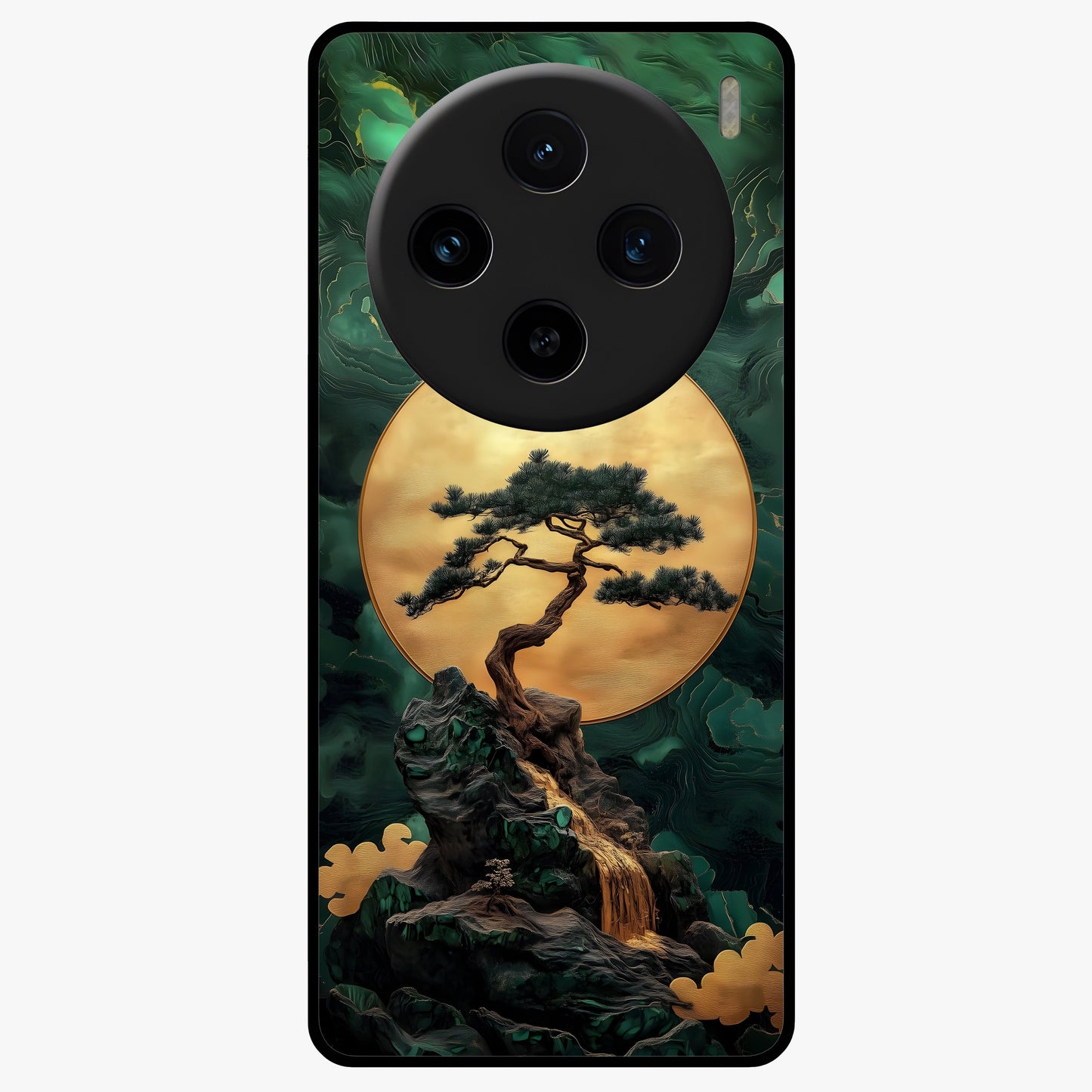 Zen Moon Rise Glass Case showing flat back view with calm moonrise artwork and glossy glass finish.