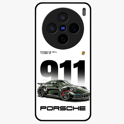 911 Turbo Dominance Glass Case showing clean flat back view with bold 911 sports car artwork and glossy glass finish.