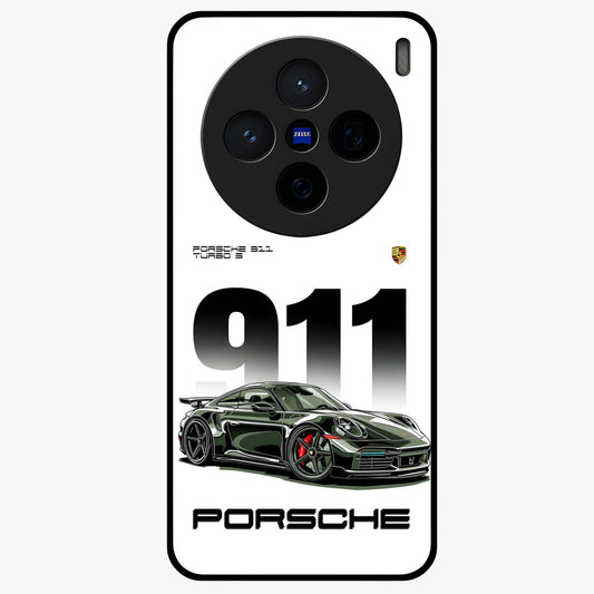 911 Turbo Dominance Glass Case showing clean flat back view with bold 911 sports car artwork and glossy glass finish.