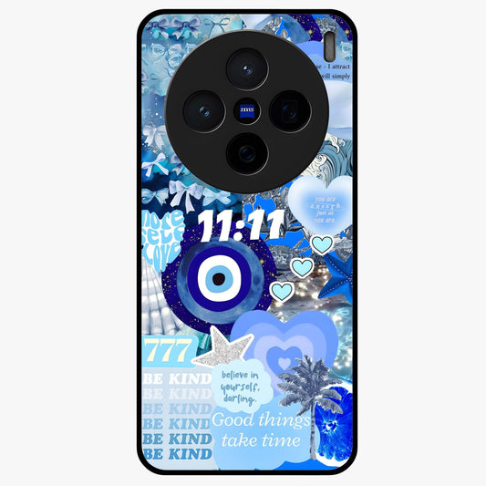 Aesthetic Be Kind Eye Glass Case showing flat back view with motivational eye artwork and glossy glass finish.