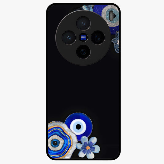 Aesthetic Blue Evil Eye Glass Case showing flat back view with protective evil eye artwork and glossy glass finish.
