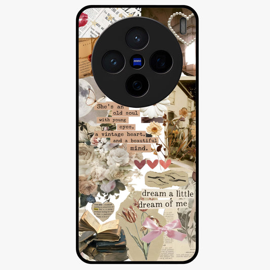 Aesthetic Brown Vintage Collage Glass Case showing flat back view with retro collage artwork and glossy glass finish.