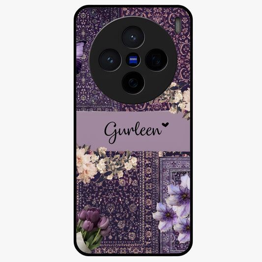 Antique Floral Whisper Custom Name Glass Case showing flat back view with vintage floral artwork and personalized name design.