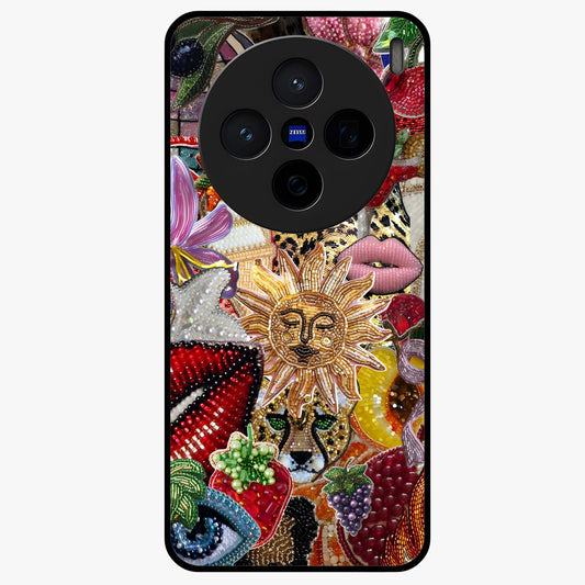Beaded Fashion Jungle Glass Case showing flat back view with vibrant jungle inspired bead artwork and glossy glass finish.