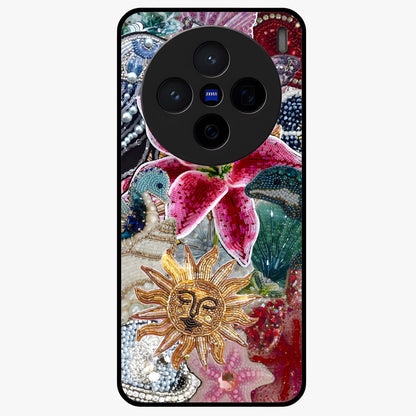 Beaded Garden Fantasy Glass Case showing flat back view with dreamy garden bead artwork and glossy glass finish.