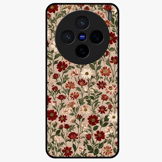 Biege Flower With Leaf Glass Case showing flat back view with soft beige floral artwork and glossy glass finish.