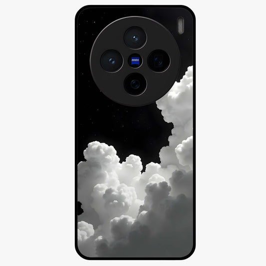 Black Background With White Cloud Glass Case showing flat back view with minimal cloud artwork on dark background and glossy glass finish.