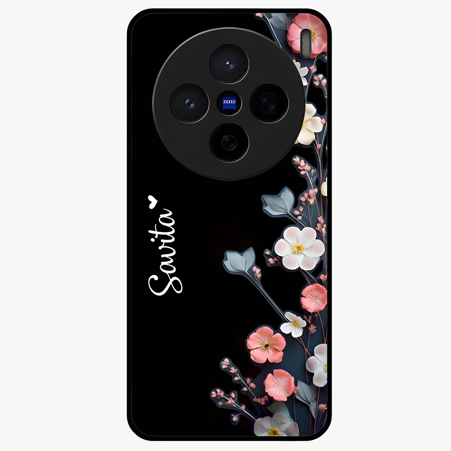 Black Elegance Floral Custom Name Glass Case showing flat back view with elegant floral artwork and personalized name design.
