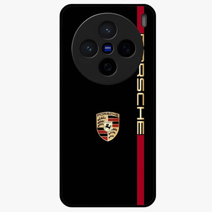 Black Minimal Porsche Glass Case showing flat back view with sleek minimal sports car artwork and glossy glass finish.