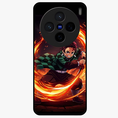 Blazing Sword Resolve Glass Case showing flat back view with fiery sword artwork and glossy glass finish.