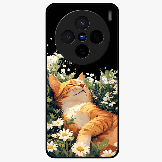 Blissful Bloom Cat Glass Case showing flat back view with cute cat and floral bloom artwork and glossy glass finish.