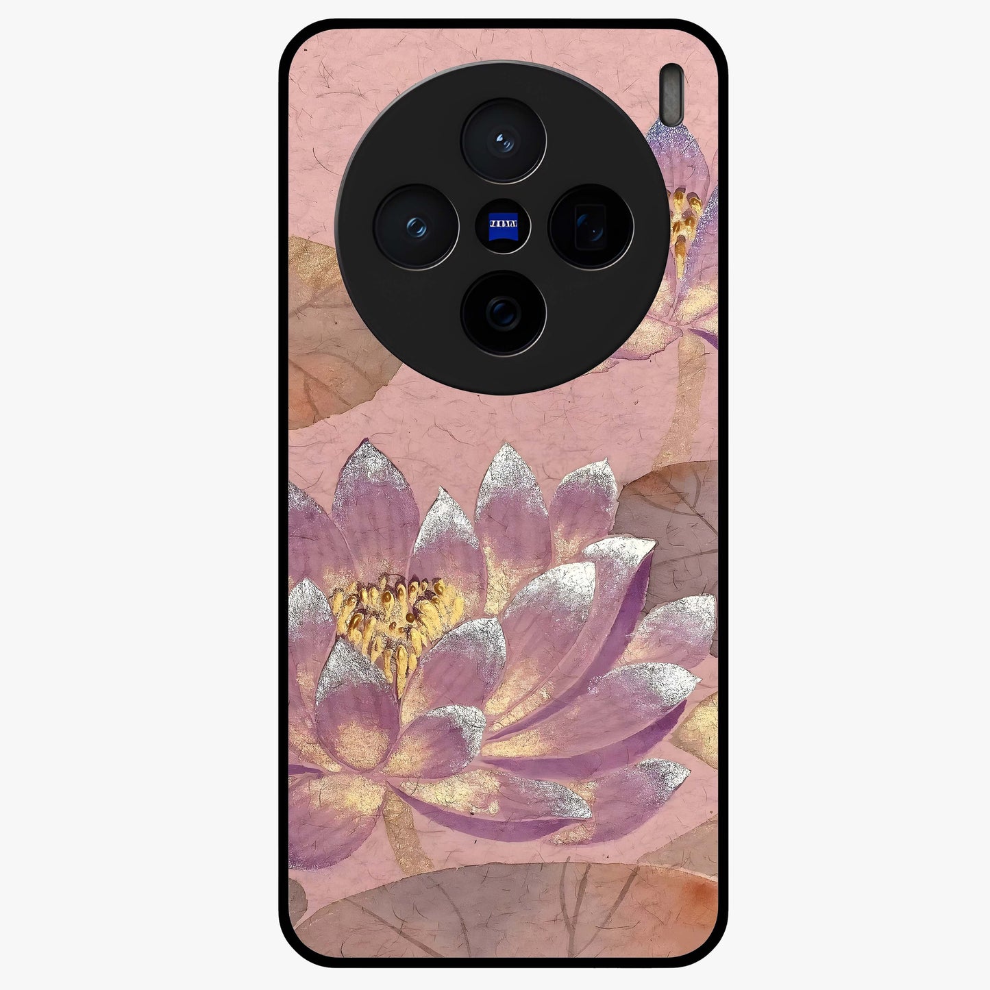 Blossom Mist Lotus Glass Case showing flat back view with serene lotus blossom artwork and glossy glass finish.