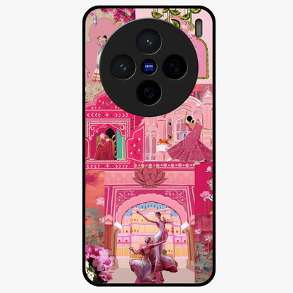 Blossoms of Rajasthan Glass Case showing flat back view with traditional floral artwork inspired by Rajasthan and glossy glass finish.