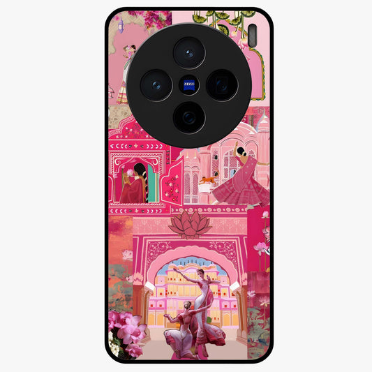 Blossoms of Rajasthan Glass Case showing flat back view with traditional floral artwork inspired by Rajasthan and glossy glass finish.