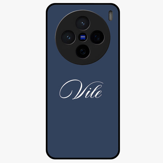 Blue Background Personalized Custom Name Glass Case showing flat back view with minimal blue background and custom name design.