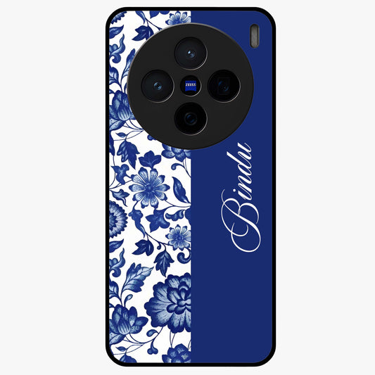 Blue Vintage Floral Pattern Glass Case upright view showcasing timeless floral illustration with vintage inspired style.