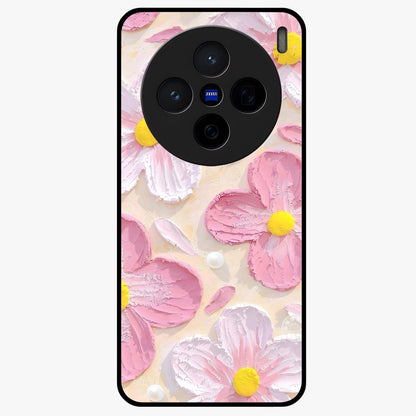 Blush Bloom Texture Glass Case showing flat back view with soft blush floral texture artwork and glossy glass finish.