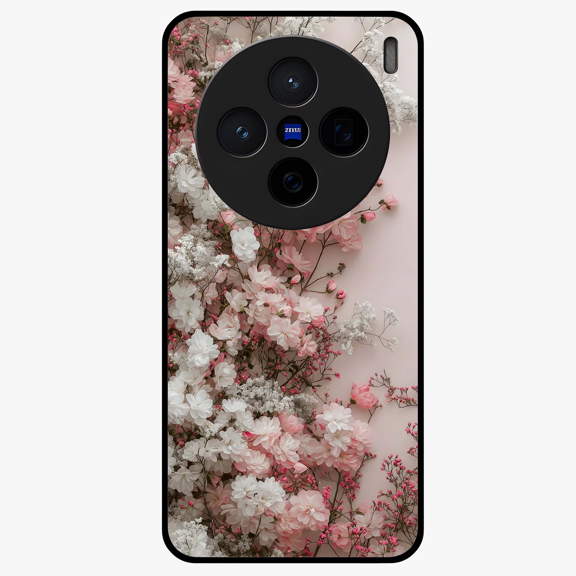 Blush Blossom Cloud Glass Case showing flat back view with dreamy blush cloud blossom artwork and glossy glass finish.