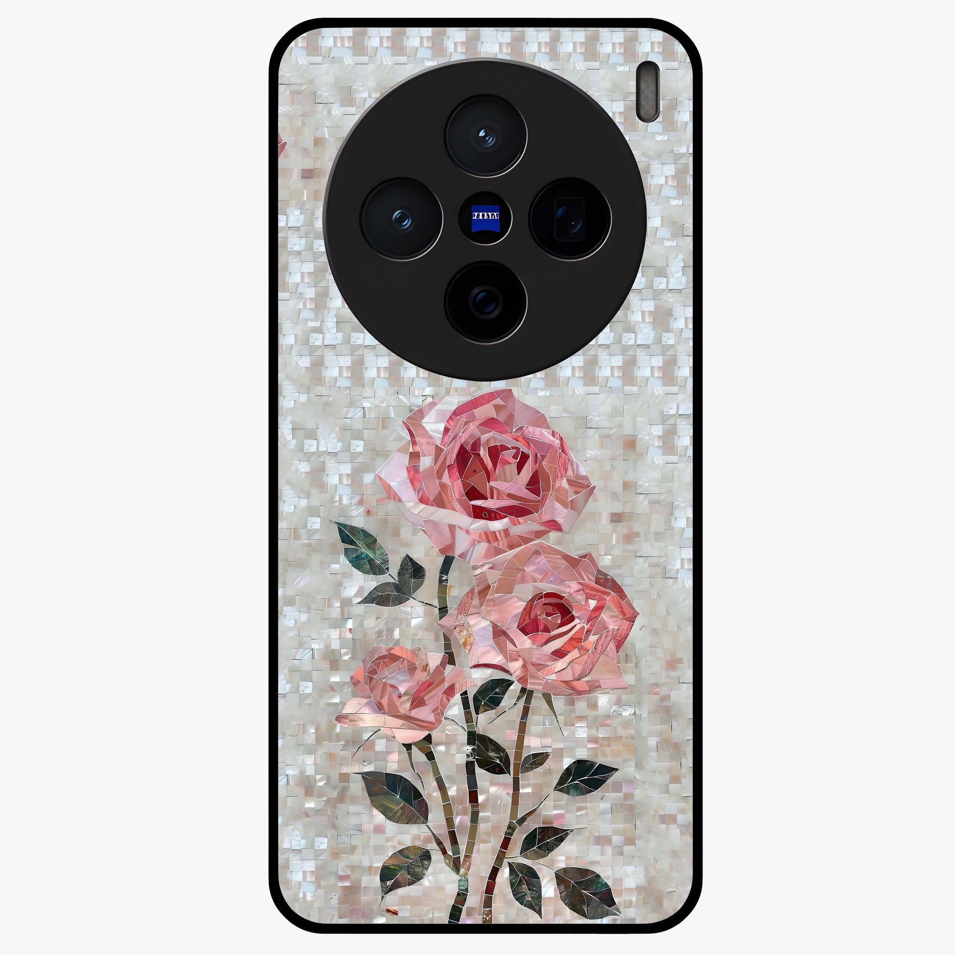 Blush Mosaic Bloom Glass Case showing flat back view with mosaic floral bloom artwork and glossy glass finish.