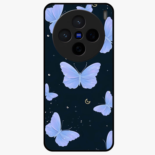 Butterfly With Stars Pattern Glass Case showing flat back view with butterfly and star pattern artwork and glossy glass finish.