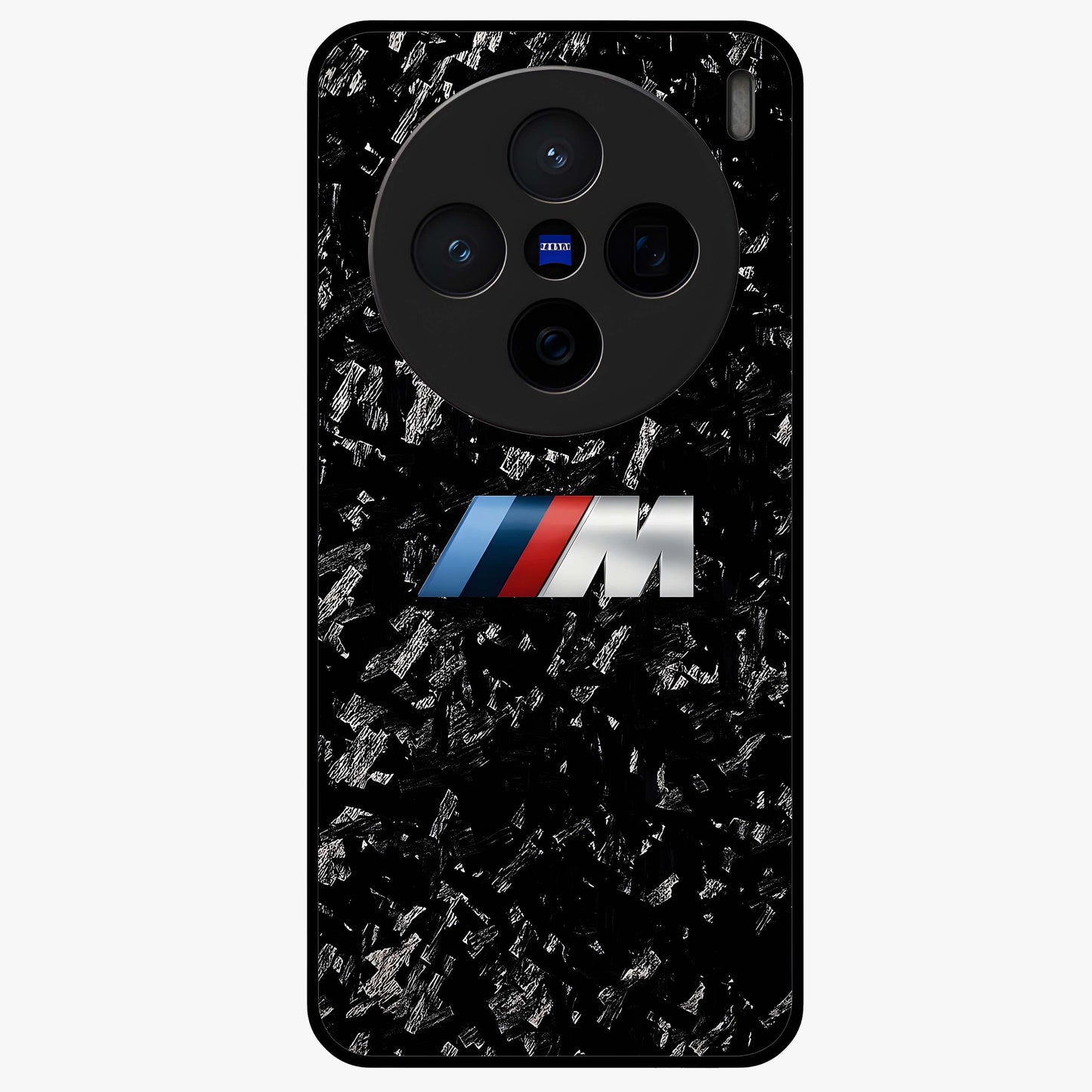 Carbon Speed Mark Glass Case showing flat back view with sporty carbon pattern artwork and glossy glass finish.