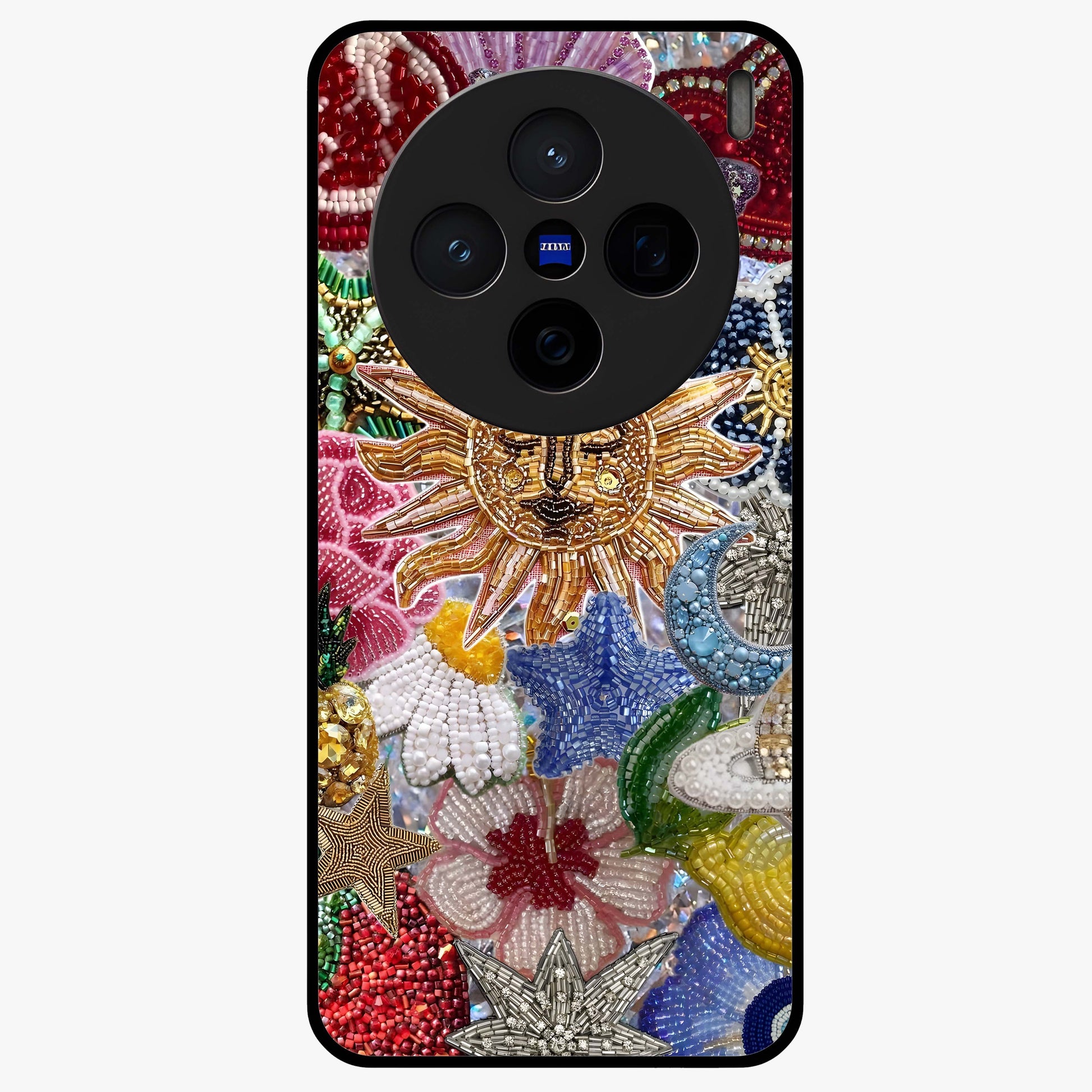 Celestial Floral and Playful Glass Case showing flat back view with floral and celestial themed artwork and glossy glass finish.