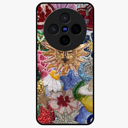 Celestial Floral and Playful Glass Case showing flat back view with floral and celestial themed artwork and glossy glass finish.