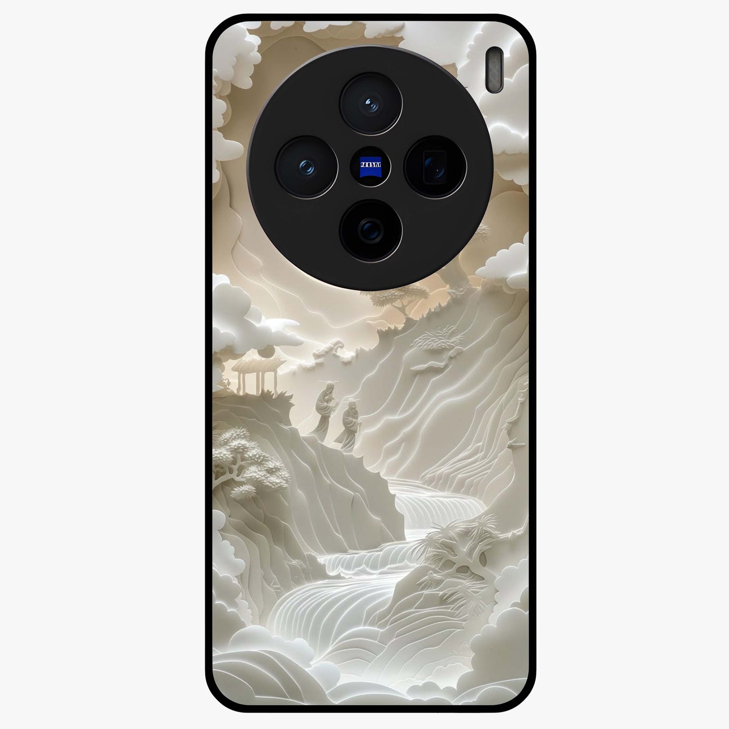 Celestial Origami Glass Case showing flat back view with artistic origami inspired celestial artwork and glossy glass finish.
