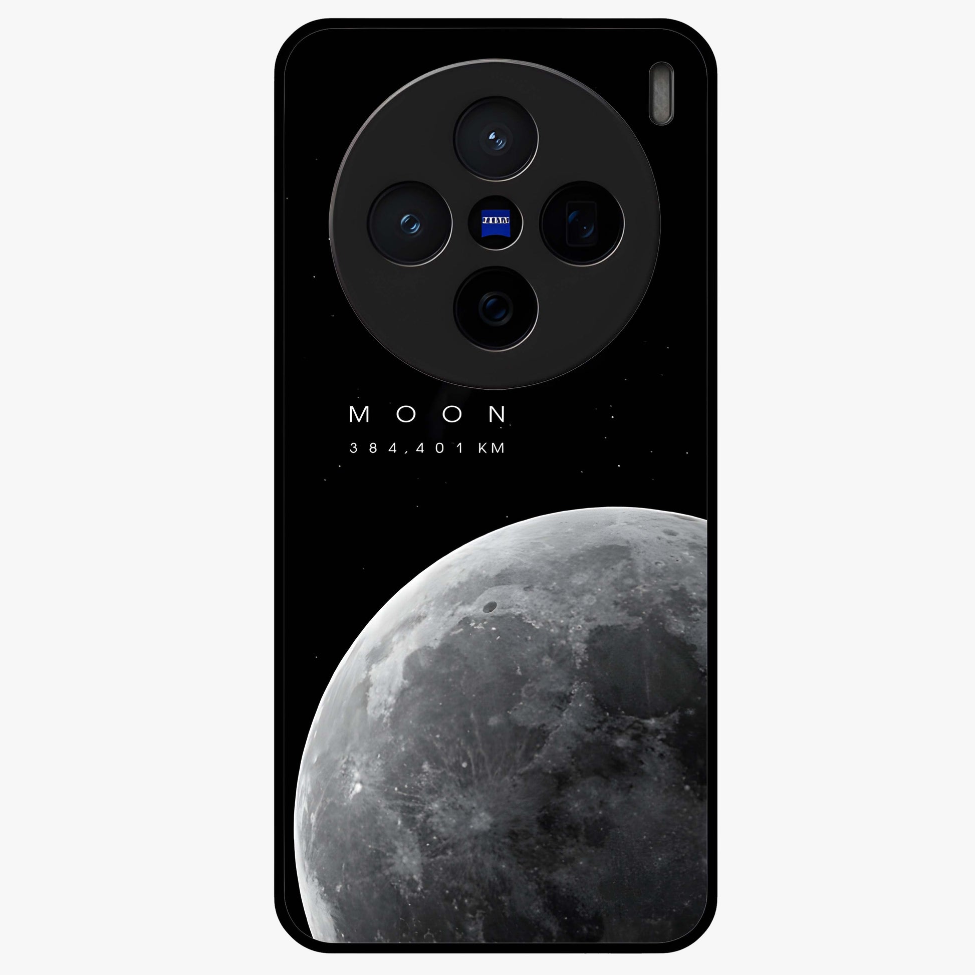 Cosmic Moon Glow Glass Case showing flat back view with glowing moon artwork and glossy glass finish.