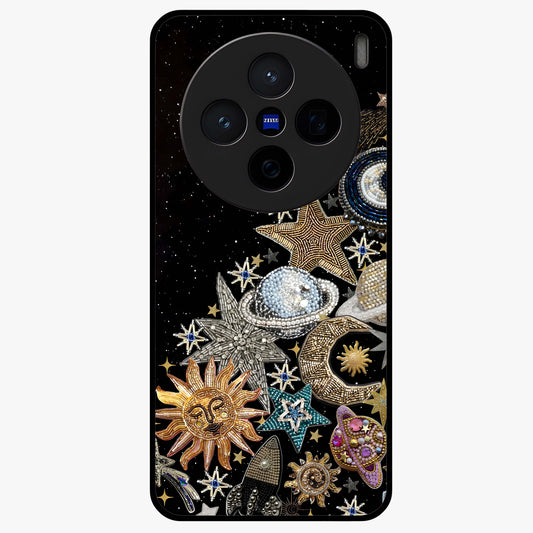 Cosmic Sparkle Dreams Glass Case showing flat back view with sparkling cosmic artwork and glossy glass finish.