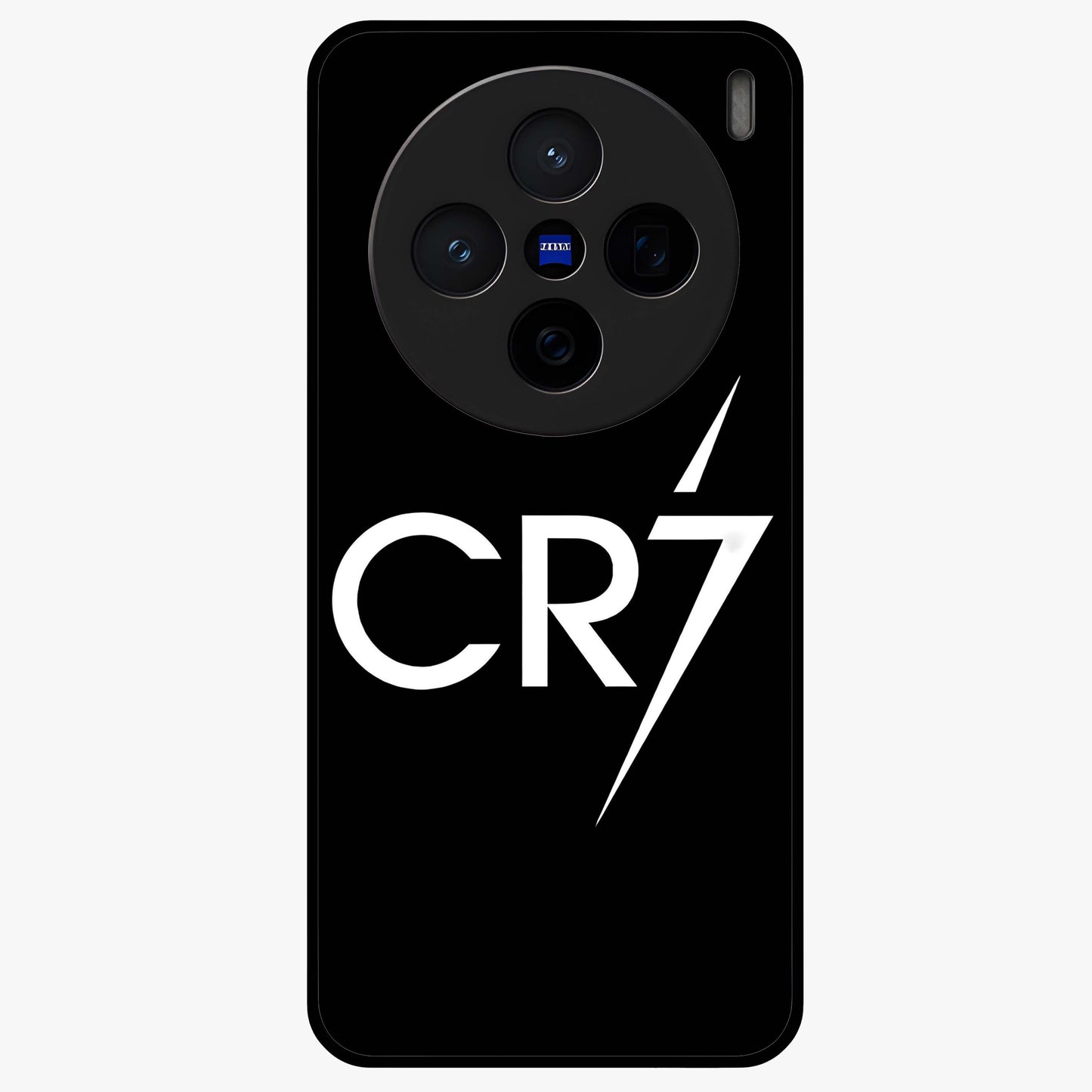 Cr7 Elite Strike Glass Case showing flat back view with dynamic football inspired artwork and glossy glass finish.