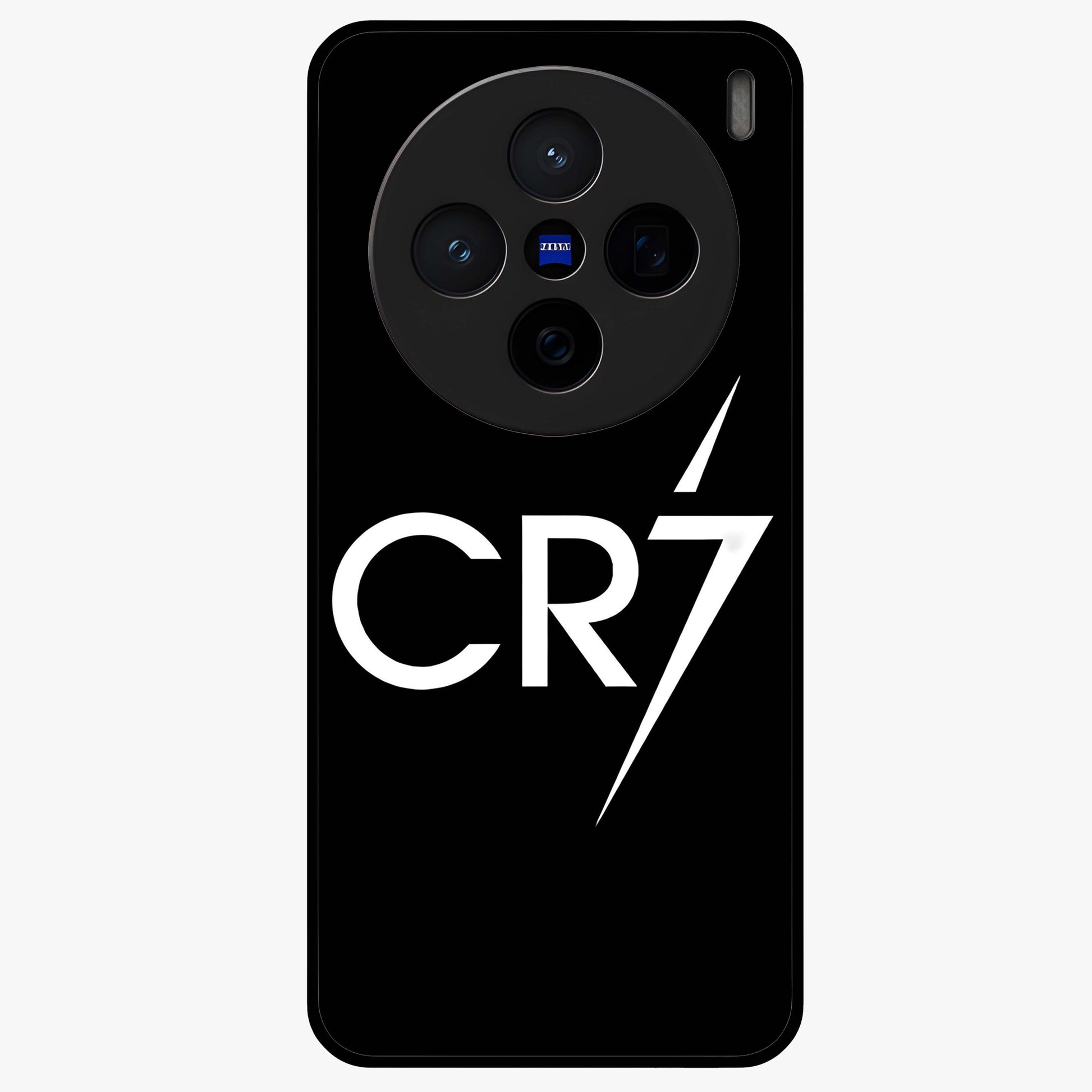 Cr7 Elite Strike Glass Case showing flat back view with dynamic football inspired artwork and glossy glass finish.