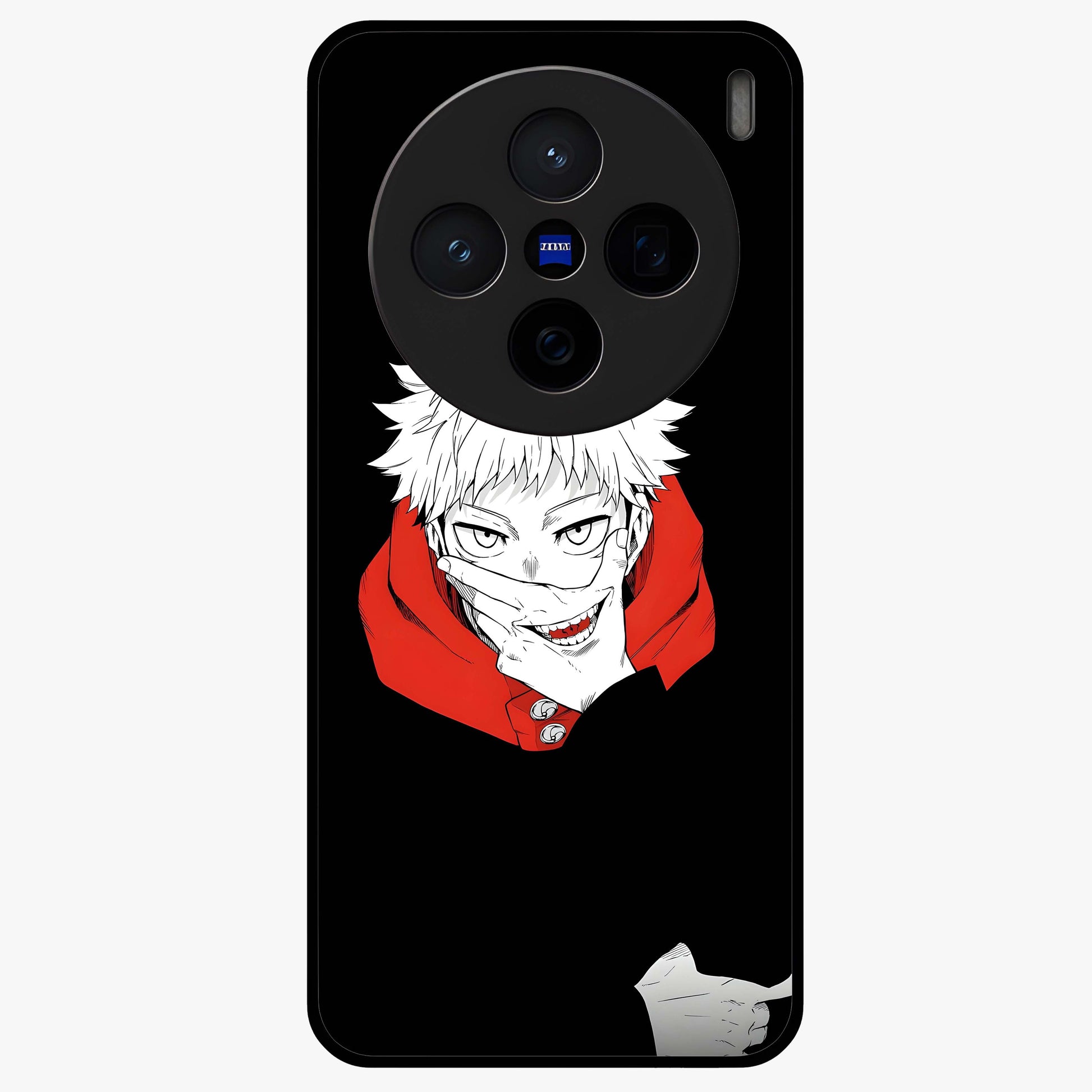 Crimson Chaos Smile Glass Case showing flat back view with bold chaotic smile artwork and glossy glass finish.
