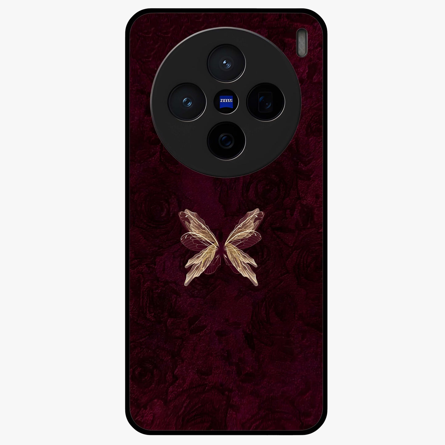 Crimson Fade Butterfly Glass Case showing flat back view with fading butterfly artwork and glossy glass finish.