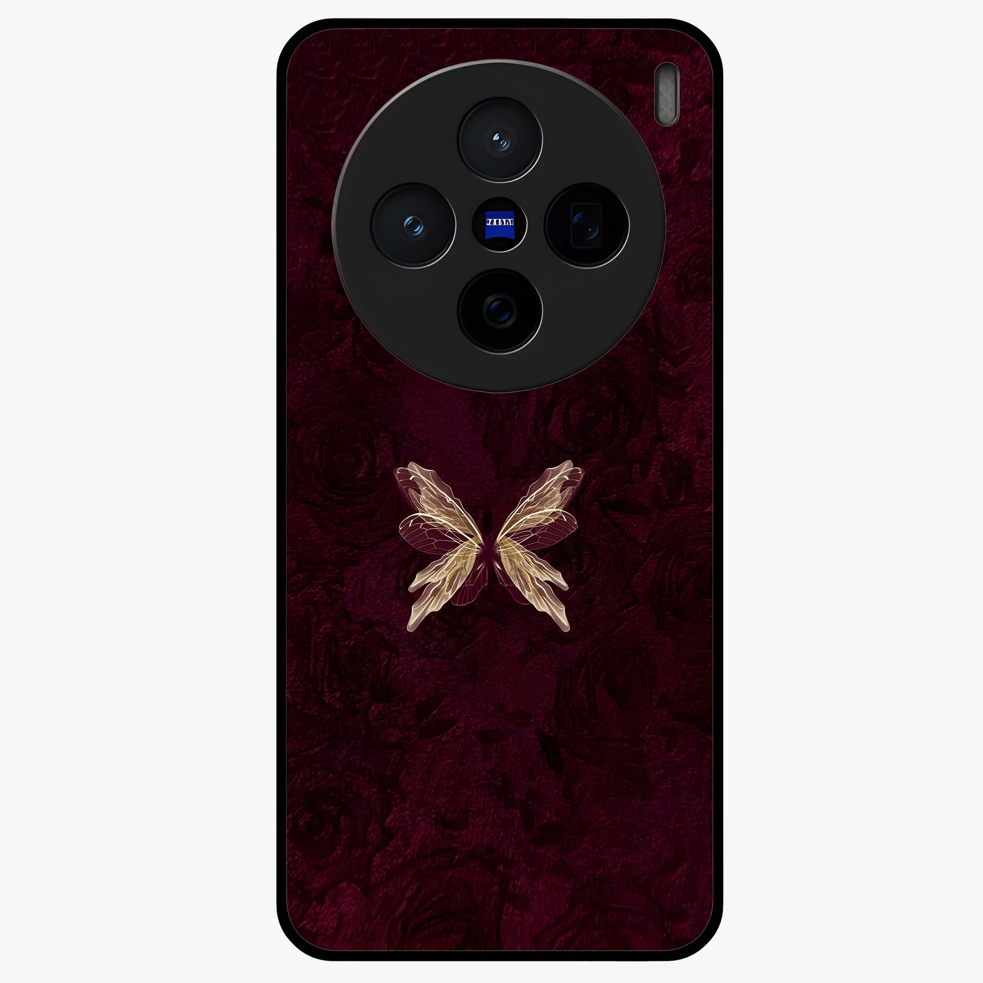 Crimson Fade Butterfly Glass Case showing flat back view with fading butterfly artwork and glossy glass finish.