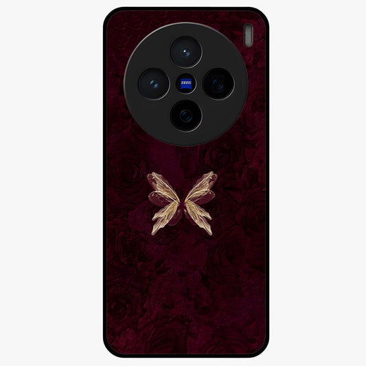 Crimson Fade Butterfly Glass Case showing flat back view with fading butterfly artwork and glossy glass finish.