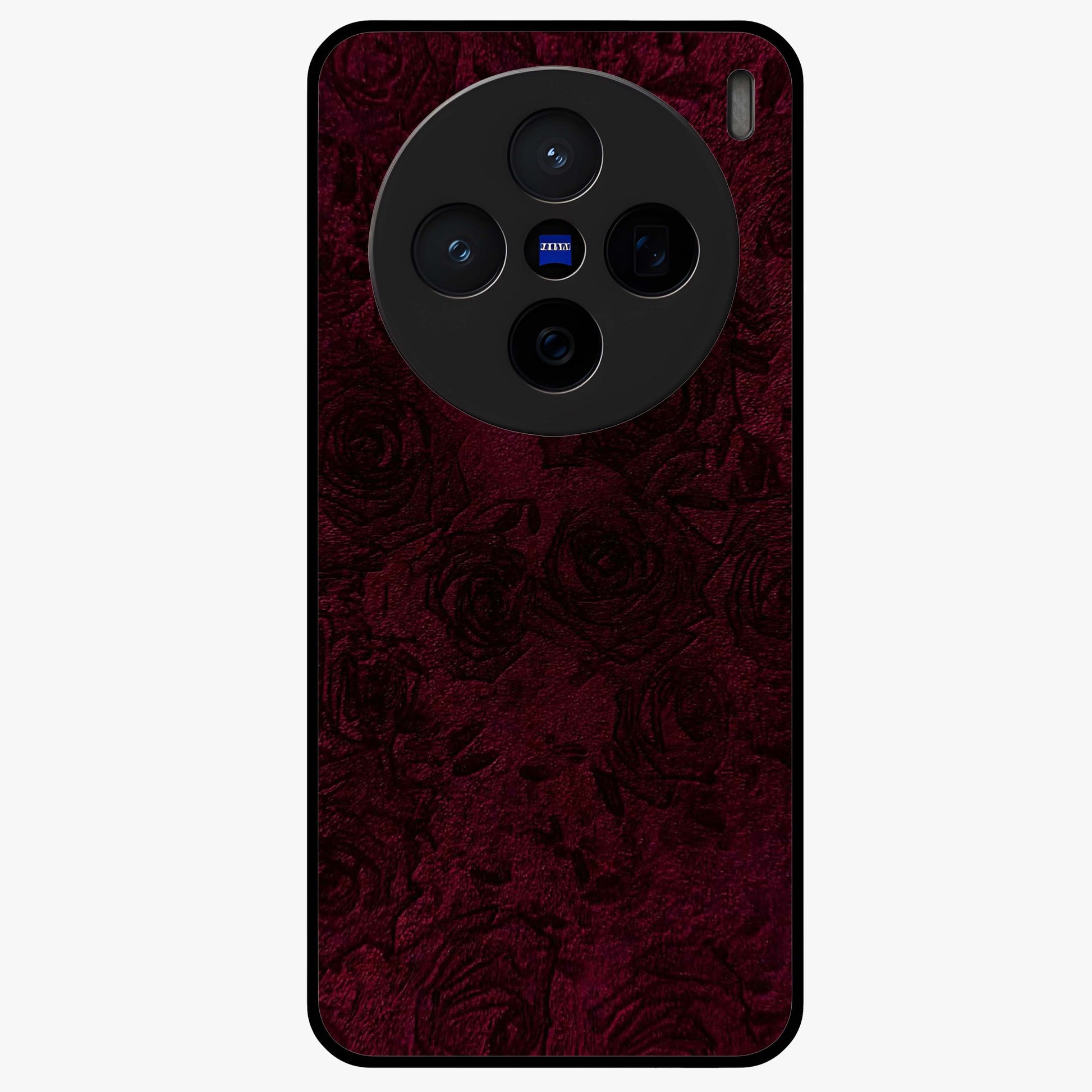 Crimson Fade Flow Glass Case showing flat back view with flowing crimson gradient artwork and glossy glass finish.