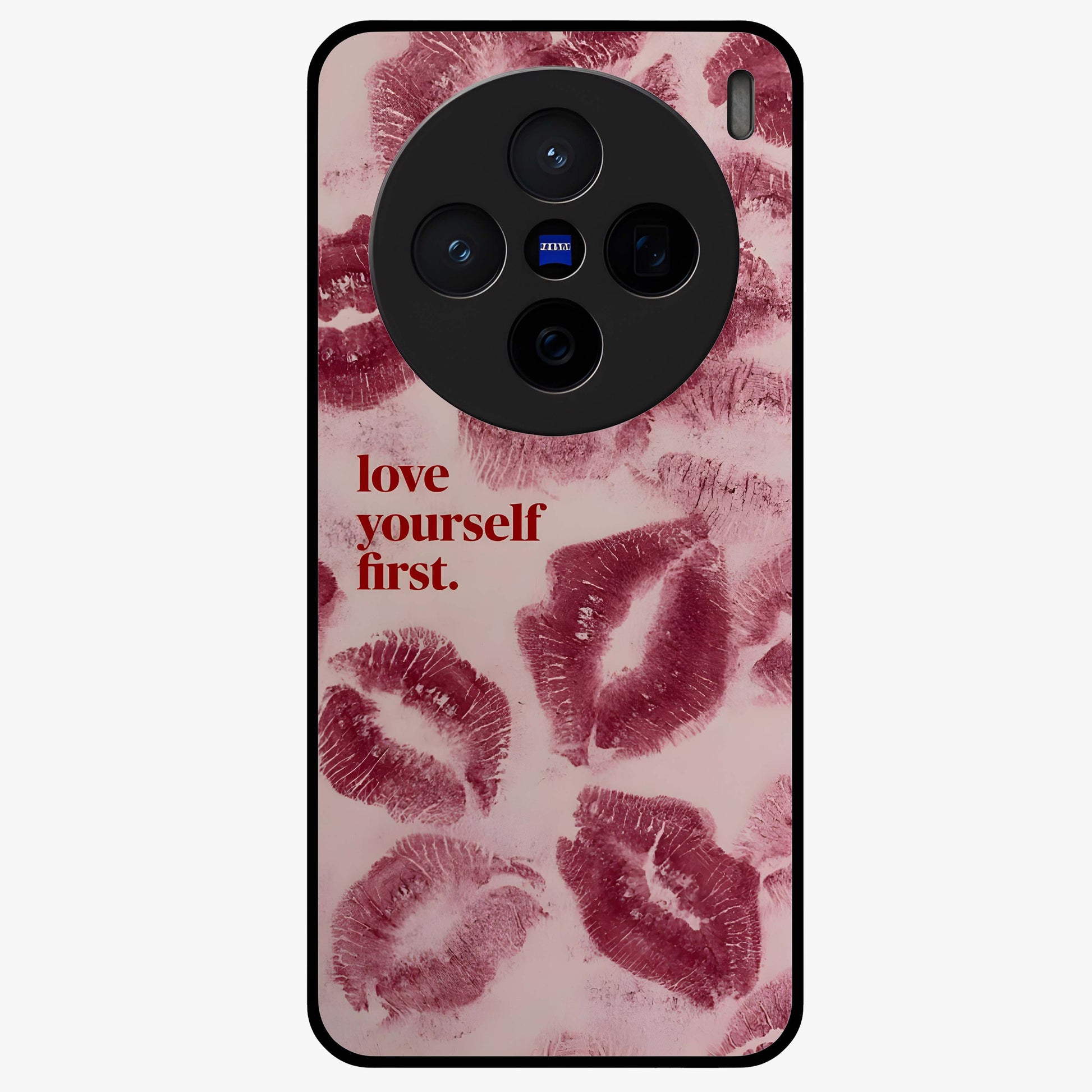 Crimson Kiss Love Glass Case showing flat back view with romantic crimson themed artwork and glossy glass finish.